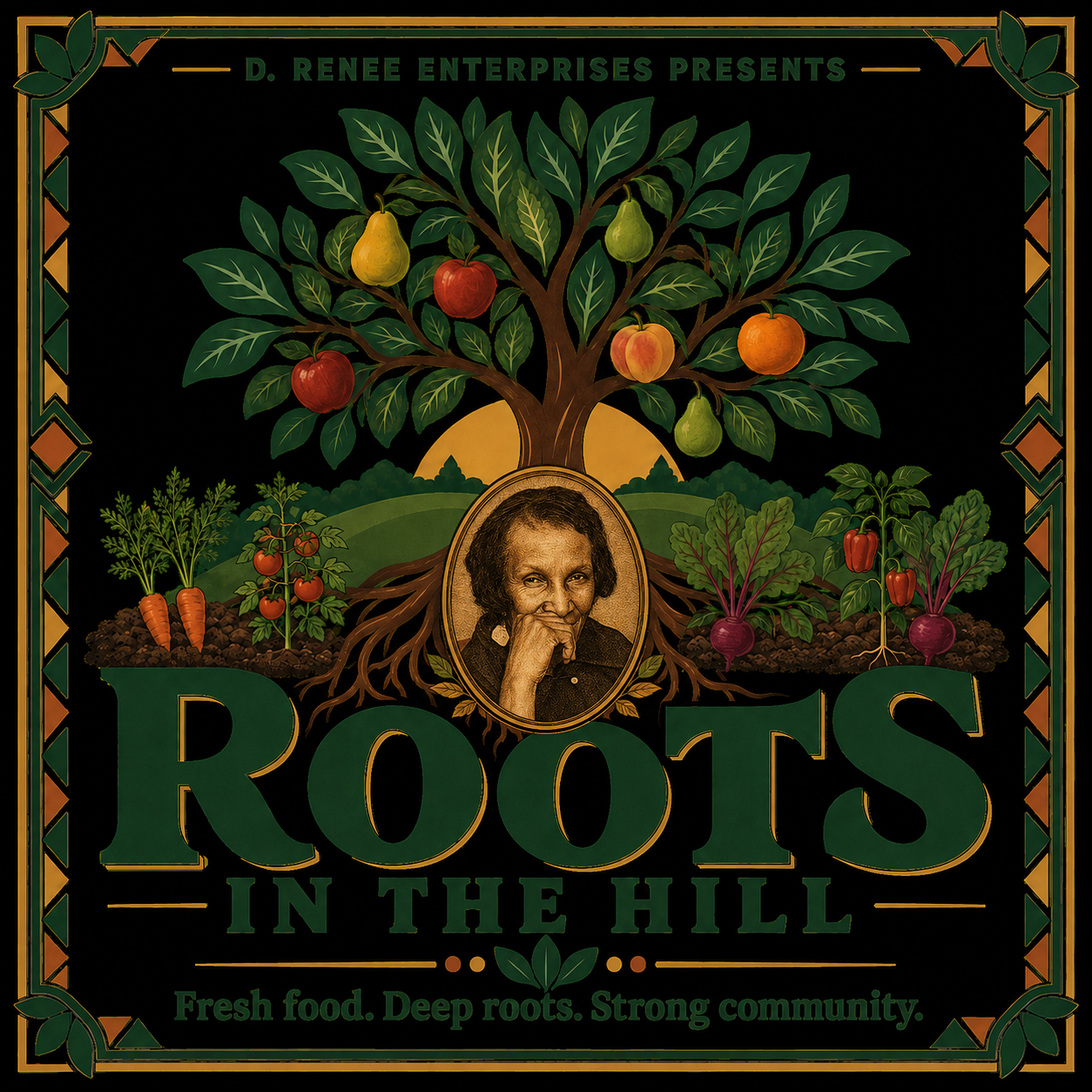 ROOTS in the HILL heritage artwork, featuring a fruit tree and Mama Clara’s cameo.